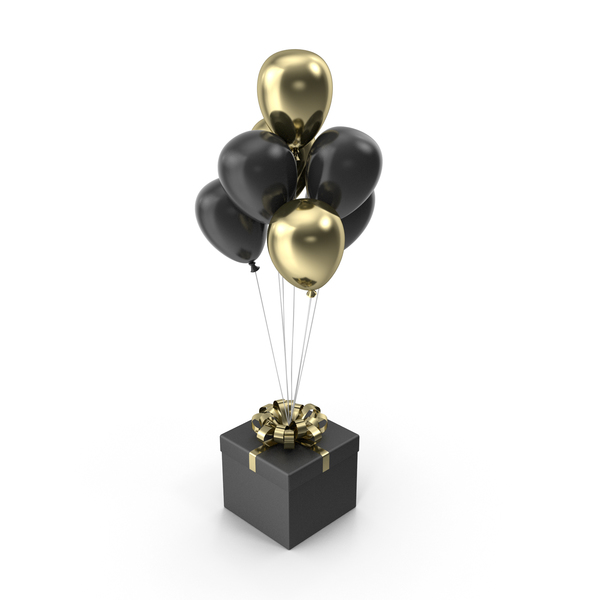 Gift Black Box with Gold Ribbon with Black and Gold Balloons PNG Images