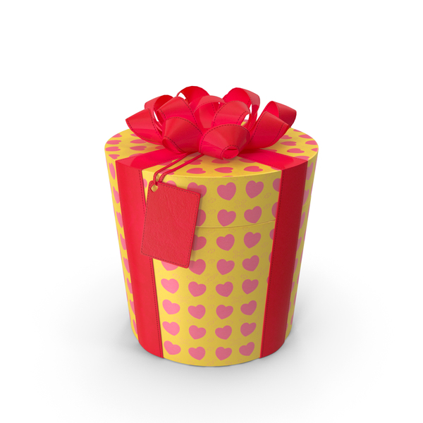 Red Gift Wrapping Ribbon Around A Box With A Yellow Tag Stock