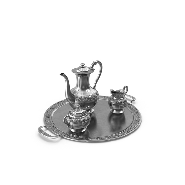 Coffee Set  &  Silver Tray PNG & PSD Images