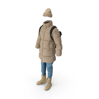 Mens Down Coat Jeans Pullover Hat Backpack Boots Beige PNG & PSD Images