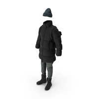 Mens Down Coat Jeans Pullover Hat Backpack Boots  Black PNG & PSD Images