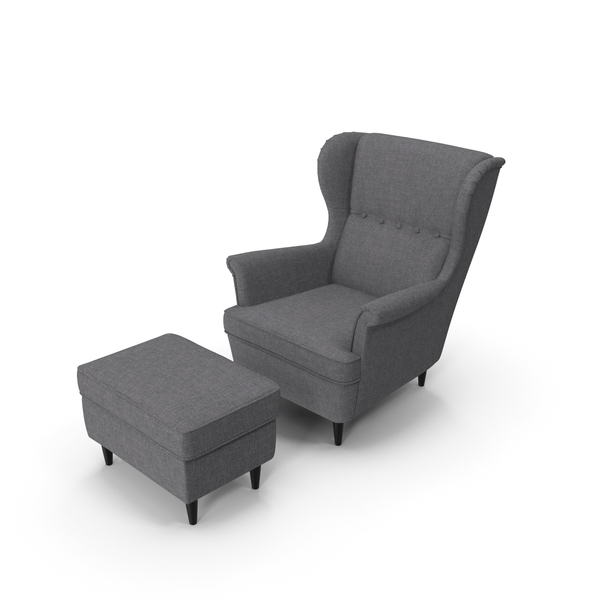 Strandmon Grey Wing Chair with Puff PNG & PSD Images