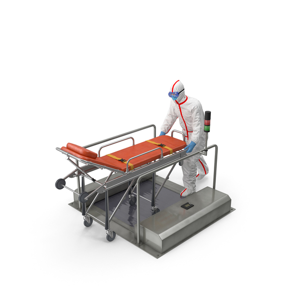 Protective Suit with Hospital Bed Gurney on Automatic Sole Cleaner PNG & PSD Images