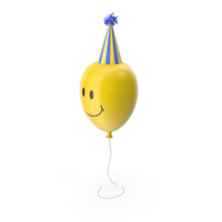 Yellow Smiley Balloon with Party Hat with Blue and Yellow stripes and Blue Pom Pom PNG & PSD Images