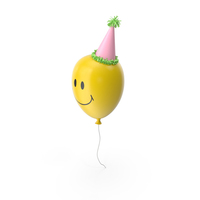 Yellow Smiley Balloon with Pink Party Hat and Green Pom Pom PNG & PSD Images