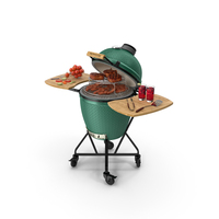 Big Green Egg Barbecue Grill Open with Meat and Vegetables PNG & PSD Images