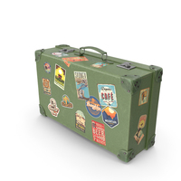 Large Green Vintage Leather Suitcase With Travel Stickers PNG & PSD Images