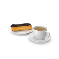 Eclair in Chocolate Glaze With Coffee Cup PNG & PSD Images