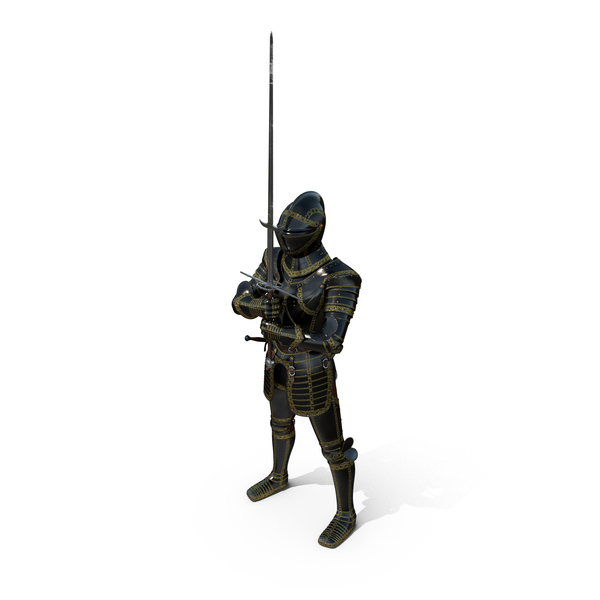 黑金全装甲中世纪骑士持有Zweihander pose png＆PSD图像
