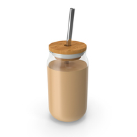 Drinking Glass Mug With Bamboo Lid And Metal Straw - Coffee With Milk PNG & PSD Images