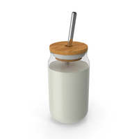 Drinking Glass Mug with Bamboo Lid and Metal Straw - Milk PNG & PSD Images