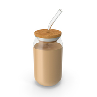 Drinking Glass Mug with Bamboo Lid and Glass Straw with Coffee with Milk PNG & PSD Images