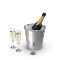 Opened Champagne Bottle On Ice Bucket With Glasses PNG & PSD Images