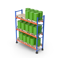 Metal Shelf Pallet Rack And Green Barrels PNG & PSD Images