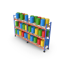 Metal Shelf / Pallet Rack With Colored Barrels PNG & PSD Images