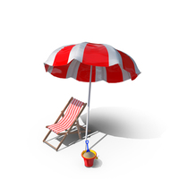 Beach Parasol With A Chair And Bucket Filled With Sand PNG & PSD Images