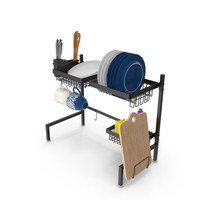 Over Sink Dish Drying Metal Rack With Kitchenware PNG & PSD Images