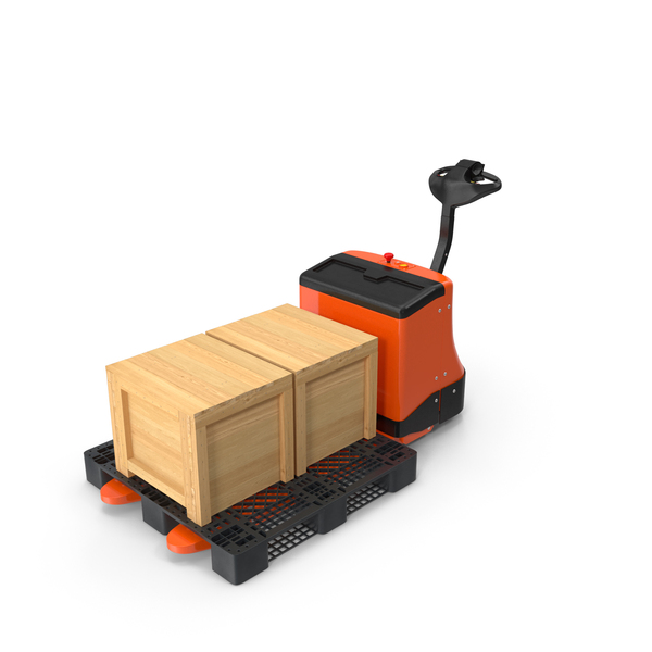 Orange Electric Pallet Truck With Wooden Crates PNG & PSD Images