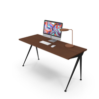 Desk With Computer and Lamp PNG & PSD Images