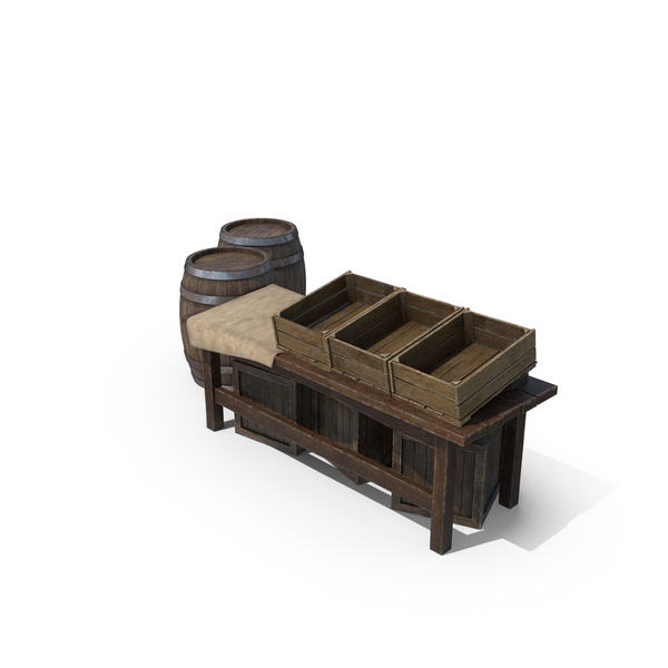 Wooden Market Stall with Barrels and Crates PNG & PSD Images