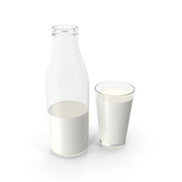 Milk In Glass Bottle Big Half Open With Glass Cup PNG & PSD Images