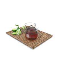 Glass Teapot With Tea Cup And Bergamot On Rattan Mat PNG & PSD Images