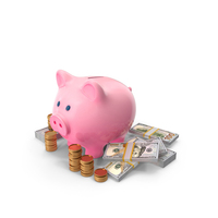 Pink Piggy Bank Save Gold Coins 100 US Dollar Notes PNG & PSD Images