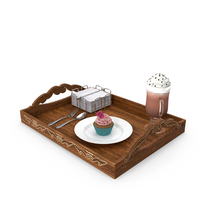 Wooden Serving Tray with Hot Beverage and Cupcake PNG & PSD Images