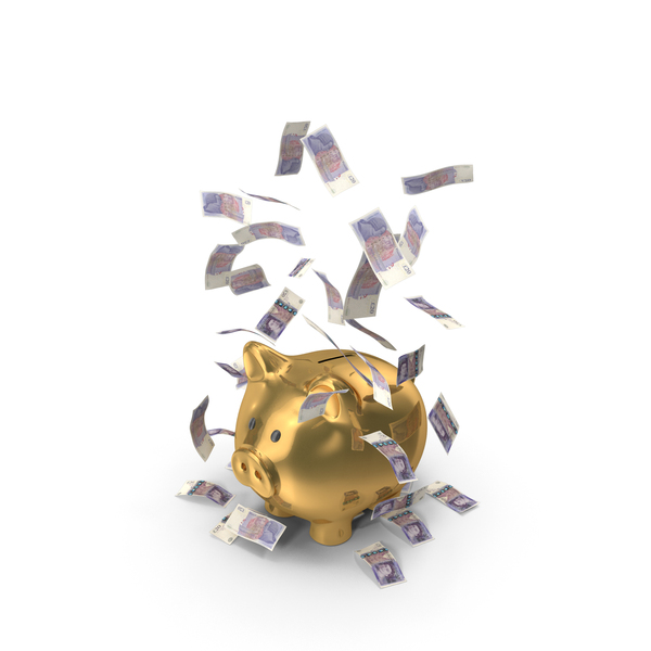 Golden Piggy Bank Save UK 20 Pounds Notes Falling PNG & PSD Images