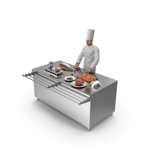 Chef With Cooking Station And Products PNG & PSD Images