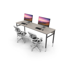 Dual Workstation Desk With Chairs And Computers PNG & PSD Images