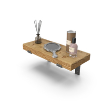 Rustic Wooden Shelf With Perfume And Mirror PNG & PSD Images