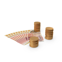 Currency England 50 Pound Money Notes Spread With Coins PNG & PSD Images