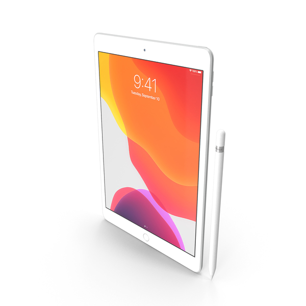 Tablet Computer: Apple iPad 10.2 Silver with Pencil PNG & PSD Images Tablet Computer: Apple iPad 10.2 Silver with Pencil PNG & PSD Images