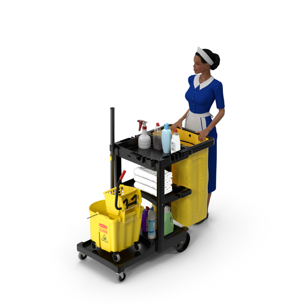 Woman: Black Maid With Multi Shelf Cleaning Cart Fur PNG & PSD Images