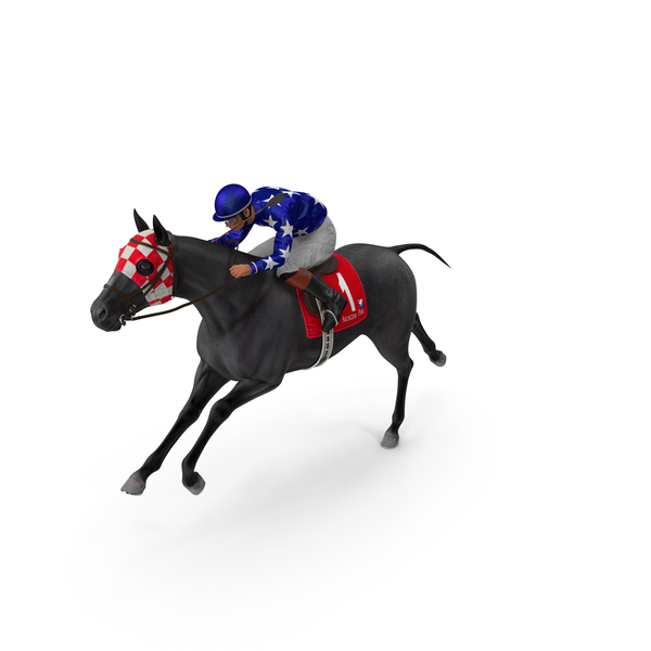 Saddled: Black Racing Horse with Jokey Running Fur PNG & PSD Images
