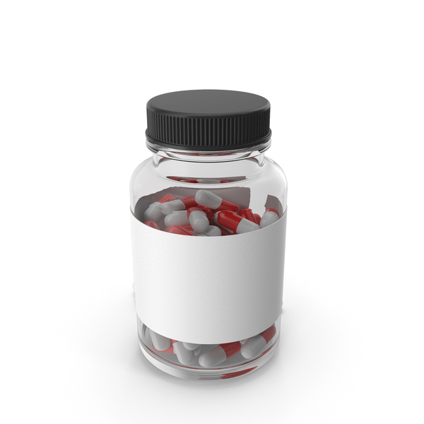 Medicine: Clear Glass Bottle With Red And White Capsules PNG & PSD Images