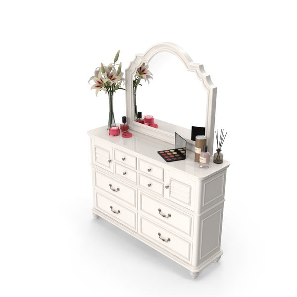 Elegant White Vanity Dresser With Makeup And Perfume PNG & PSD Images Elegant White Vanity Dresser With Makeup And Perfume PNG & PSD Images