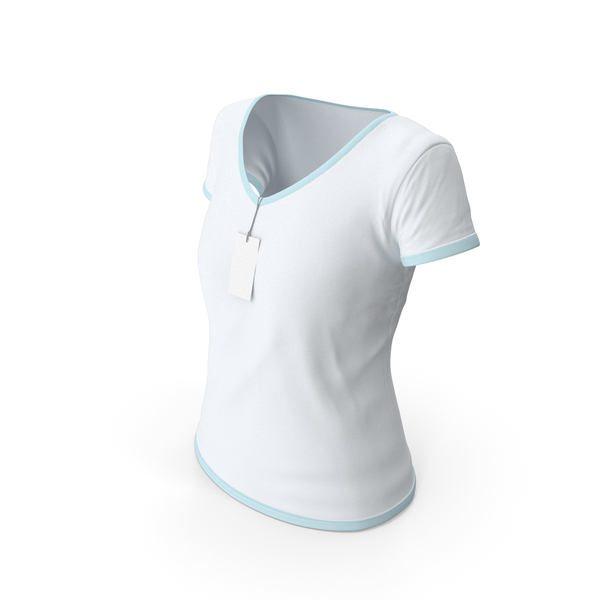 T Shirt: Female V Neck Worn With Tag White and Blue PNG & PSD Images T Shirt: Female V Neck Worn With Tag White and Blue PNG & PSD Images