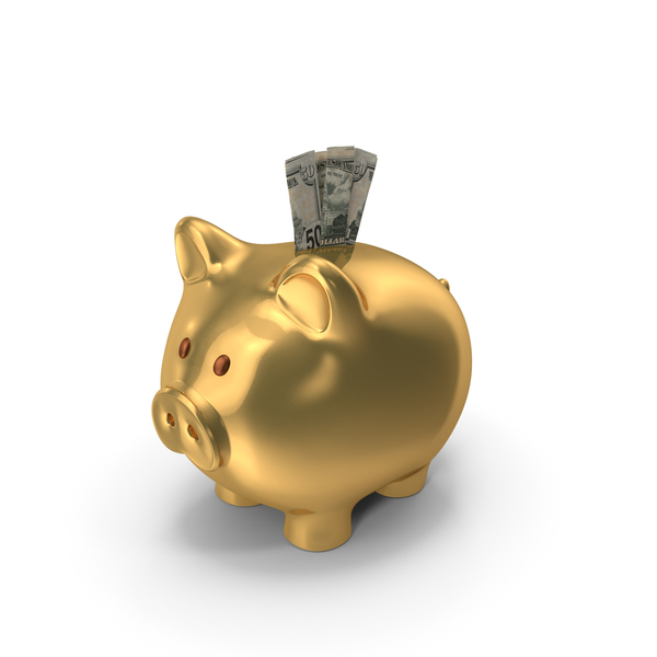 Fifty Dollar Bill: Gold Piggy Bank US 50 Dollars Notes Folded Save PNG & PSD Images