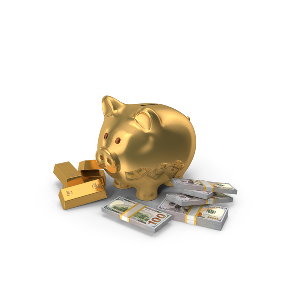 One Hundred Bill: Golden Piggy Bank Save Gold 100 US Dollar Notes PNG & PSD Images