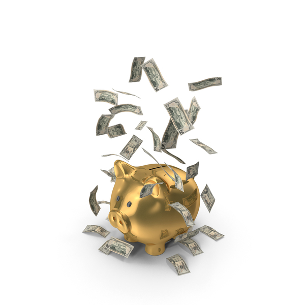 Fifty Dollar Bill: Golden Piggy Bank Save Us 50 Dollars Notes Falling PNG & PSD Images