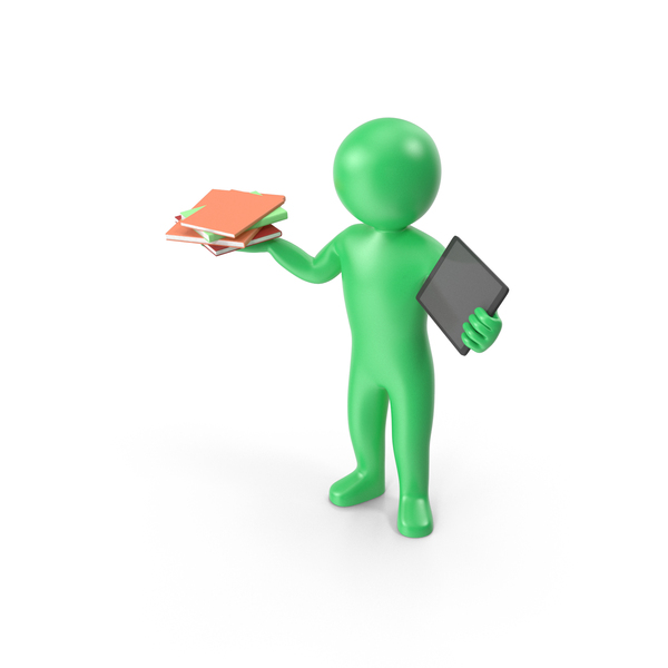 Green Stickman Holding Books And Tablet PNG & PSD Images