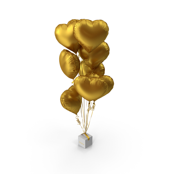 Valentine's: Heart Shaped Matte Gold Balloons Tied to Gift Box PNG & PSD Images Valentine's: Heart Shaped Matte Gold Balloons Tied to Gift Box PNG & PSD Images