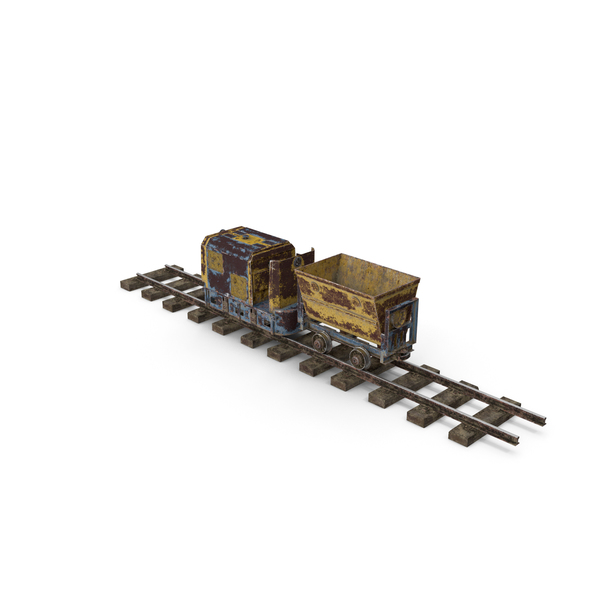 Cart: Mining Locomotive with Minecart on Railway Section Rusted PNG & PSD Images