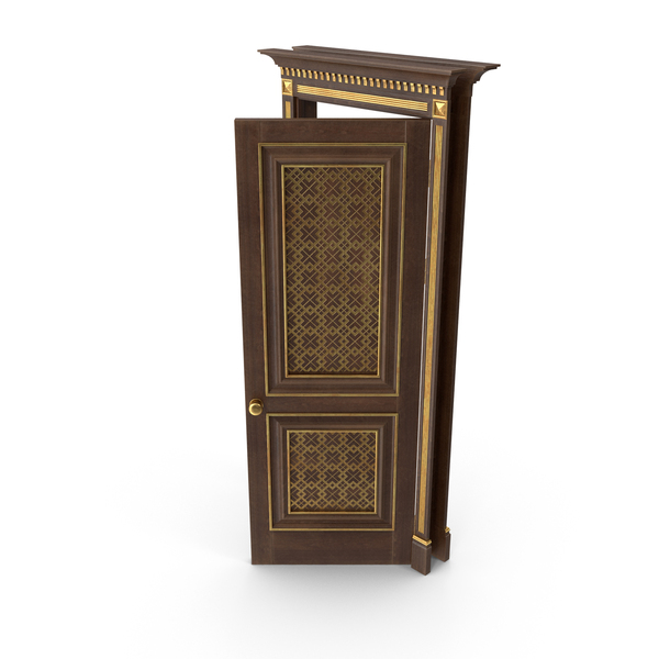 Interior: Open Mid Brown Decorative Wooden Door 45 Degrees PNG & PSD Images