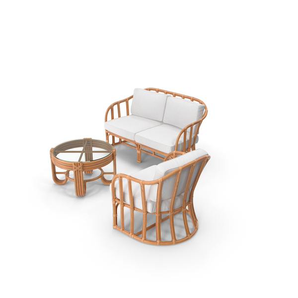 Outdoor Chair: Vintage Rattan Furniture with Cushions Set PNG & PSD Images