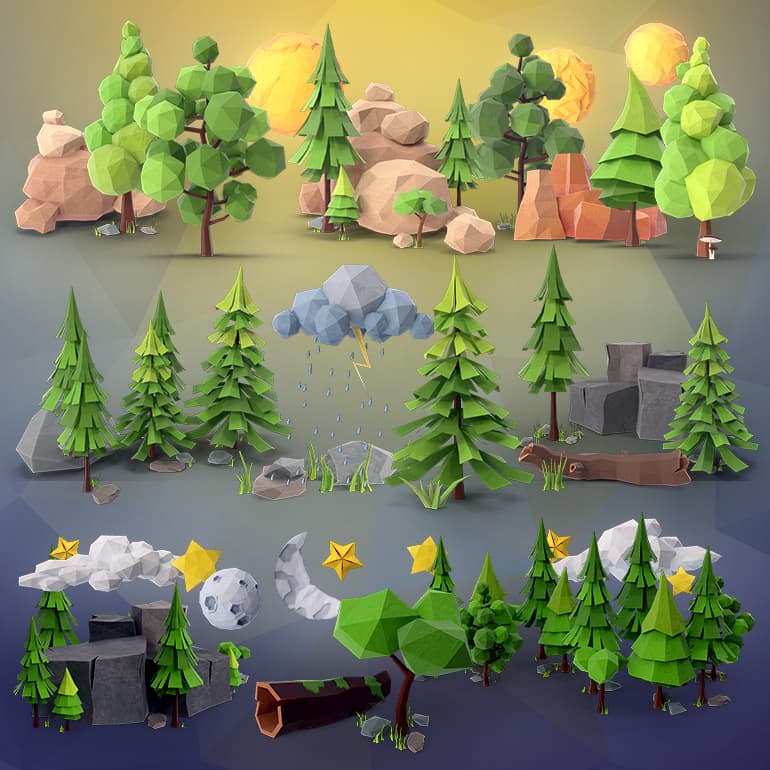 Мини локации. Low Poly моделирование для игр. Лоу Поли елка. Низкополигональные модели для игр. Объемная модель леса.